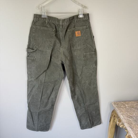 VTG Carhartt Pants Mens 37X33 Moss Green Carpenter Dungaree Canvas Duck B11 MOS